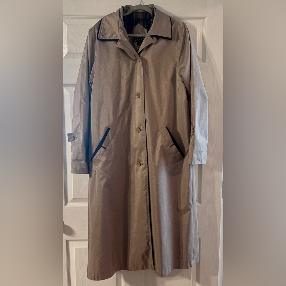 Vintage American Bazaar Stylish Pewter Metallic Long Coat with navy Trim